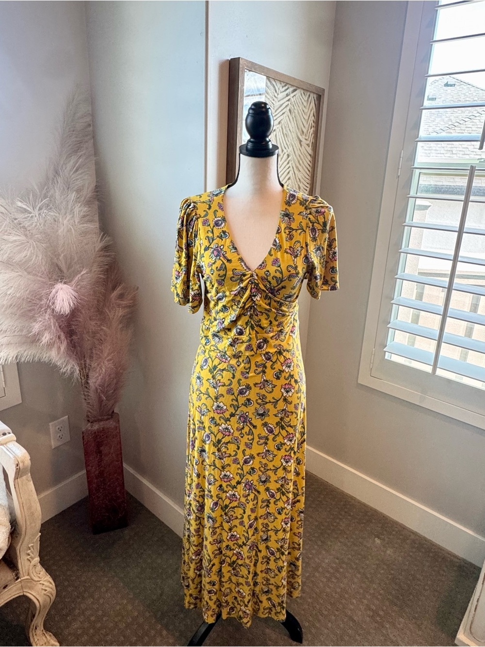 Boden Floral Maxi Dress UK 14 US 10 Yellow Ruched Front